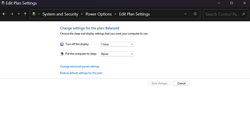 A screenshot showing how to change advanced power settings in the Control Panel.