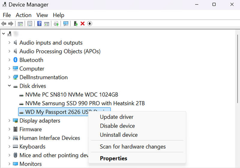 A screenshot showing how to uninstall a disk drive in Device Manager.