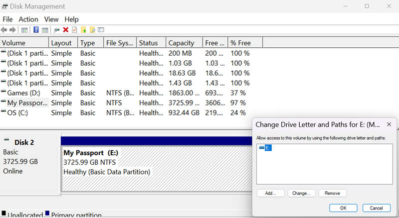 A screenshot showing how to add or change a drive letter in Disk Management.