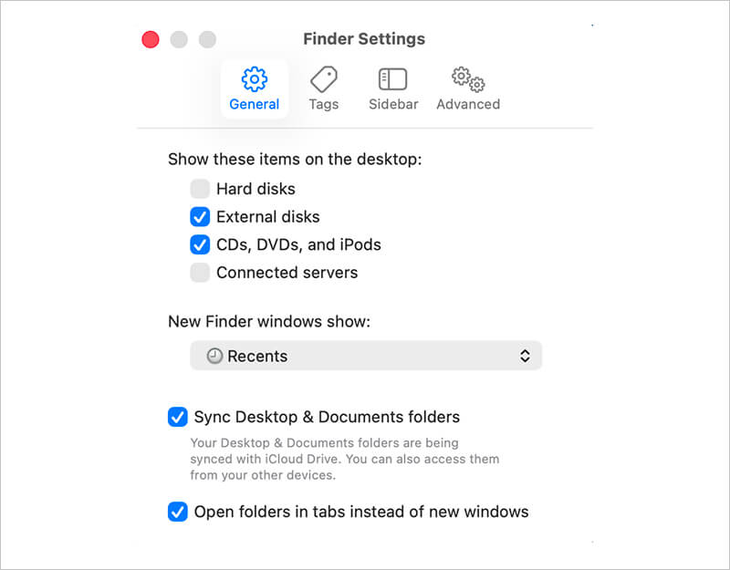A screenshot showing how to enable external disks in the General tab in Finder on Mac.