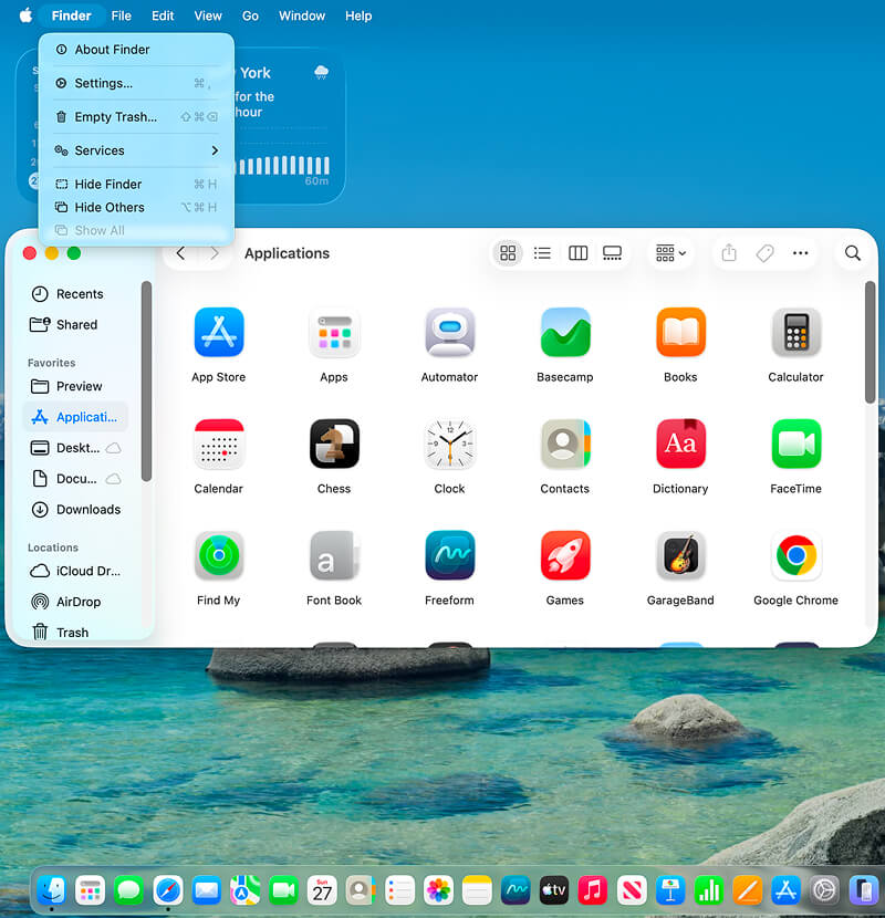 A screenshot showing the location of Finder settings in the menu bar on Mac.