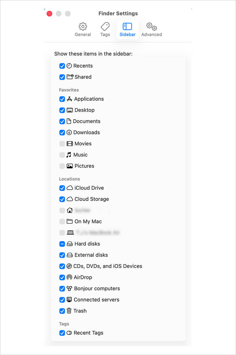 A screenshot showing how to enable external disks in the Sidebar tab in Finder on Mac.