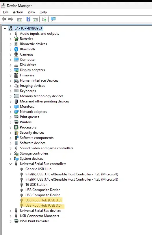 A screenshot showing the location of the USB Root Hub options in Device Manager on Windows.