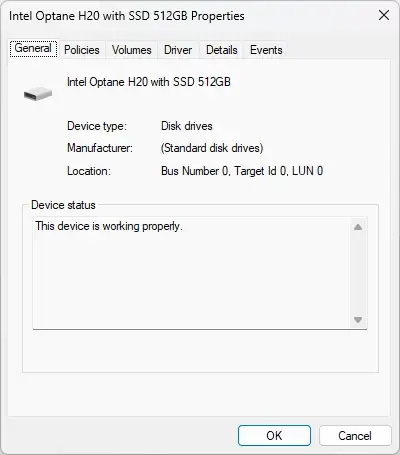 Windows disk management volumes tab