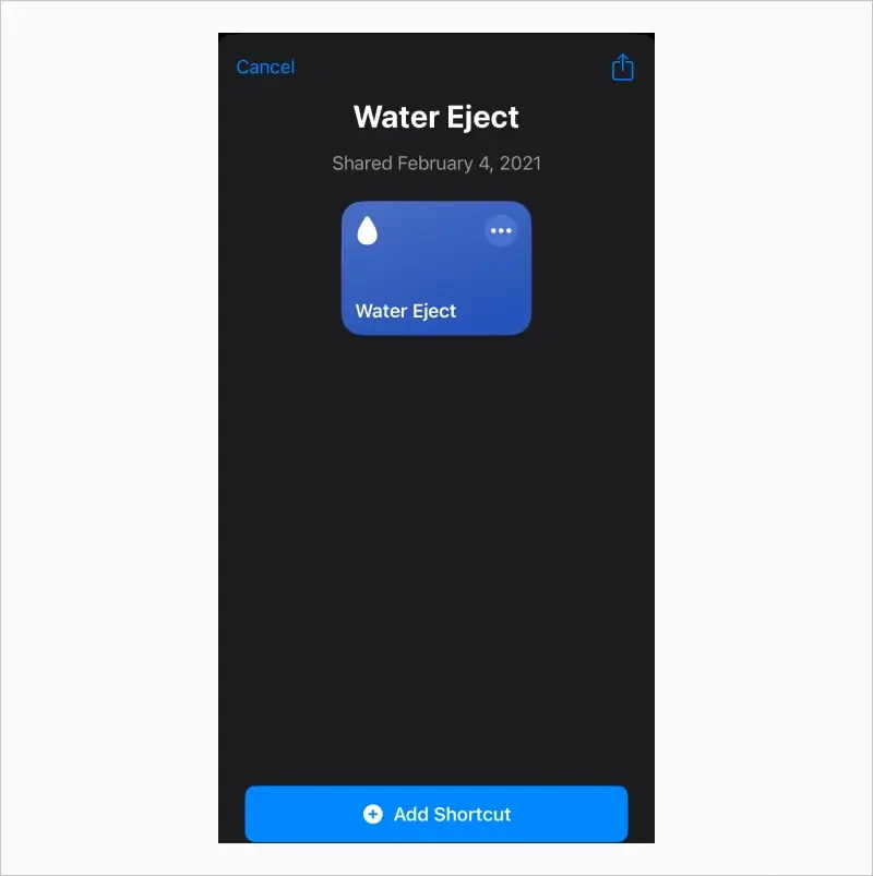 A screenshot showing the method to add Water Eject to the Shortcuts app on iOS.
