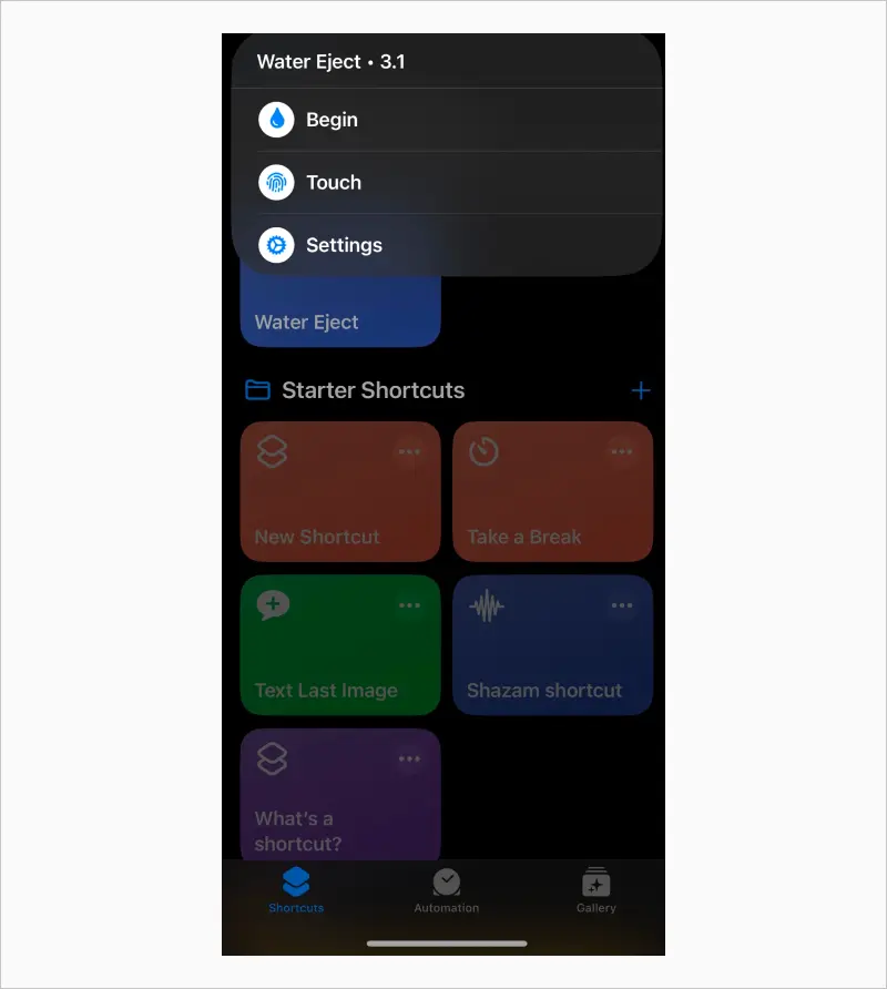A screenshot showing the option to Begin from the Water Eject menu.