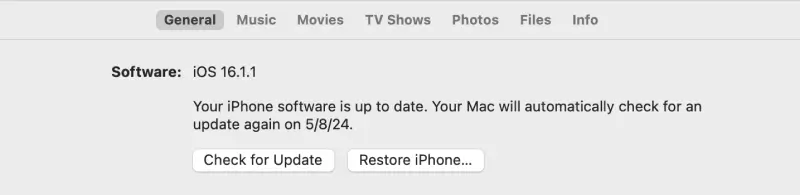 A screenshot showing the button to check for iOS updates in Finder on macOS.