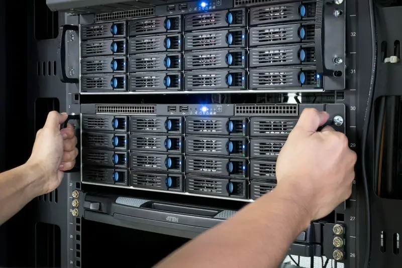 An image of a disk array in a data center.