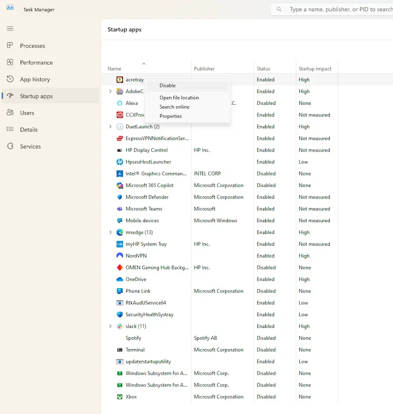 Disable all startup applications