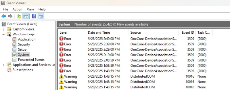 Look through the Error and Warning entries
