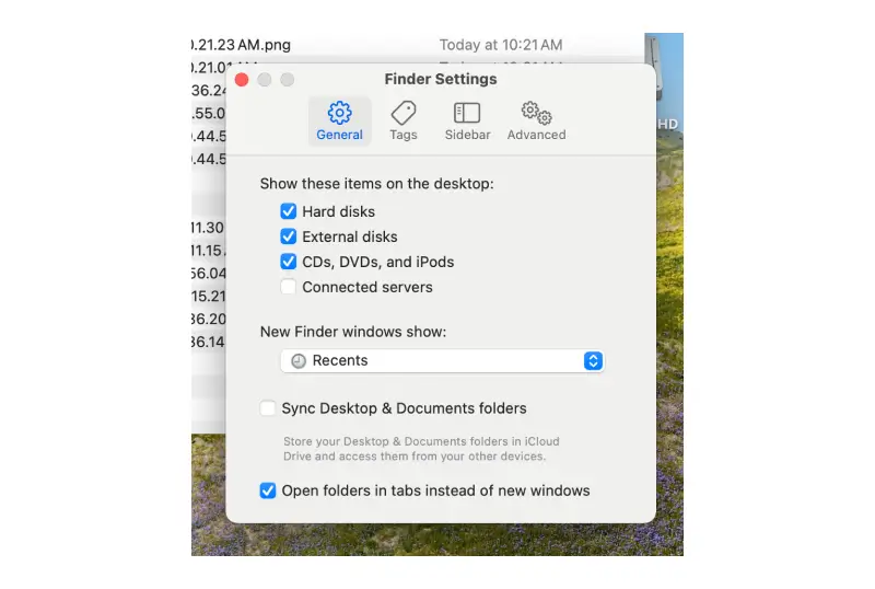 A screenshot showing the location of the General tab in Finder on macOS.