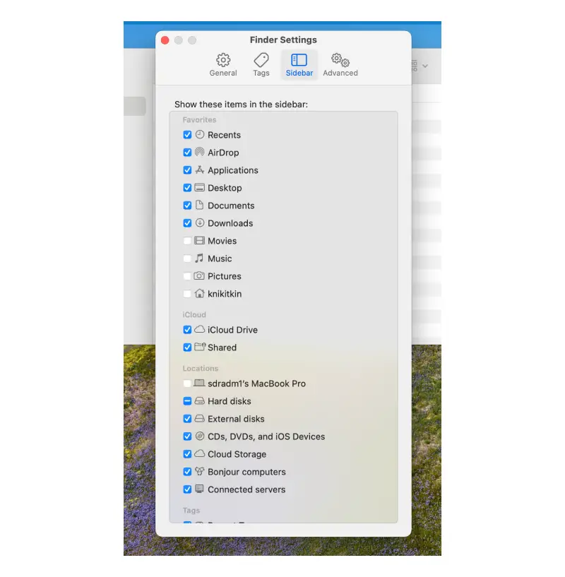 A screenshot showing the location of the Sidebar tab in Finder on macOS.
