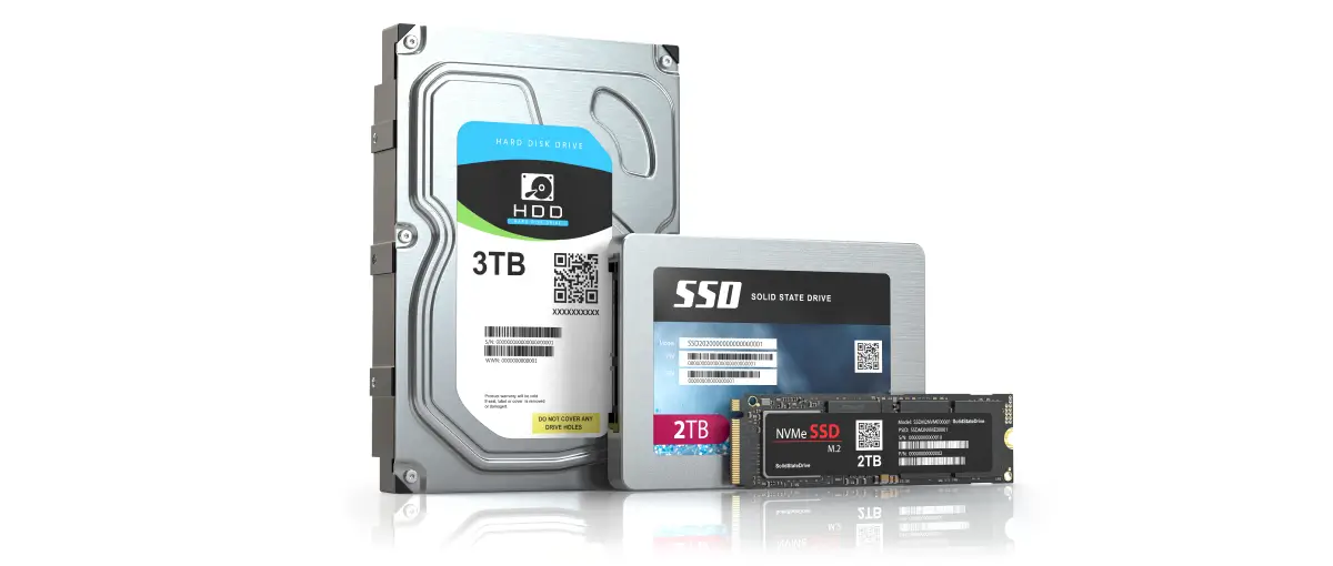A product lineup featuring a hard disk drive, SATA solid-state drive, and NVMe SSD.