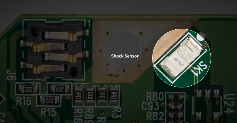 A close-up image of shock sensors on a hard drive’s PCB.
