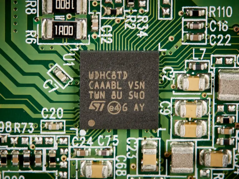 A close-up image of a hard drive’s voice coil motor (VCM) controller. 