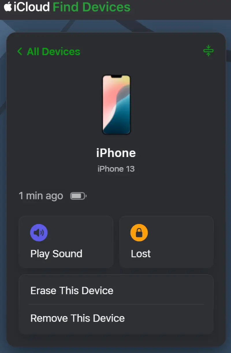A screenshot showing the option to erase a device on the iCloud website.