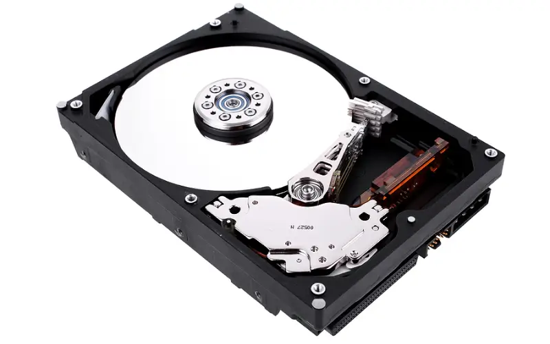 An image showing the inside of a hard disk drive.