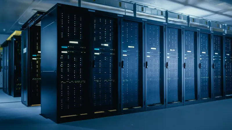 An image of server racks in a modern data center.