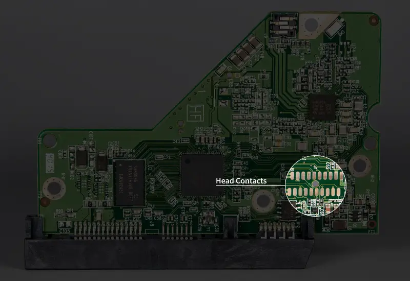 A close-up image showing the head contacts on the PCB.