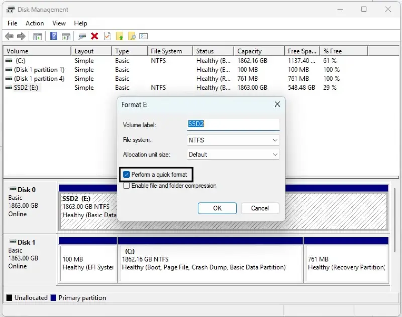 An image showing how to perform a quick format in Disk Management on Windows.