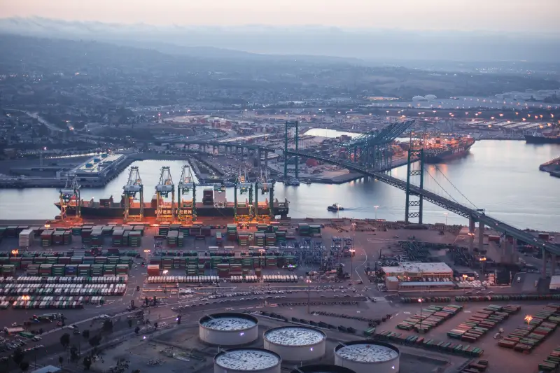 An image of the Port of Los Angeles, which handles most electronics imports, including storage devices.