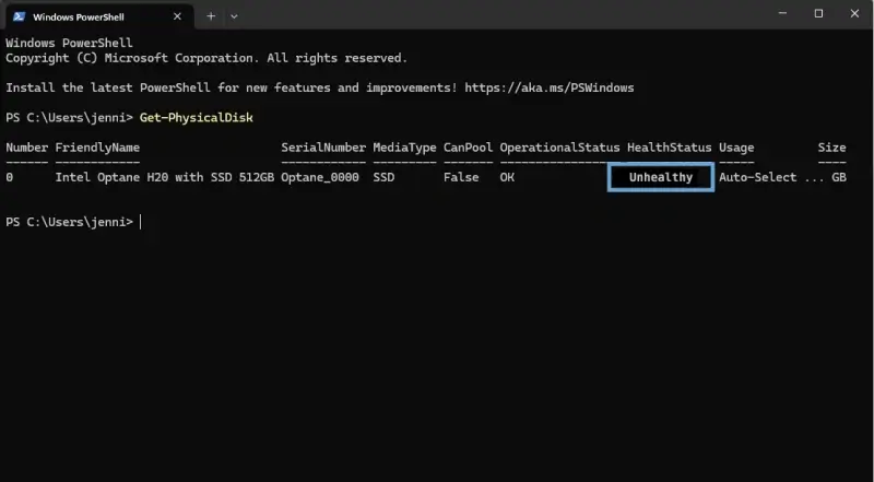 Windows PowerShell check disk health