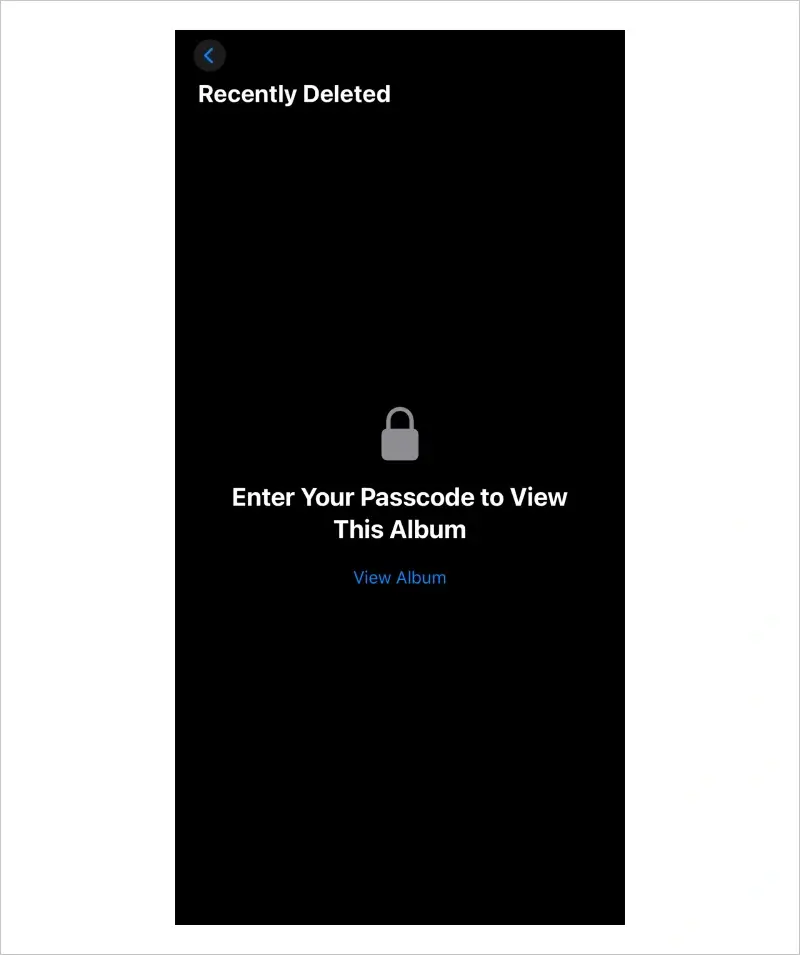 Screenshot of a locked Recently Deleted album in the iPhone’s Photos app.