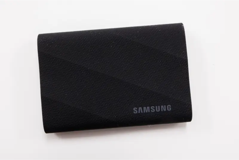 A photo of a Samsung T9 Portable SSD on a blank background.