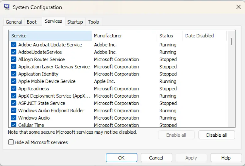 Services tab disable all