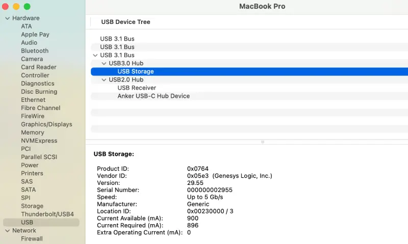 A screenshot showing active USB hardware in the System Information app on macOS.
