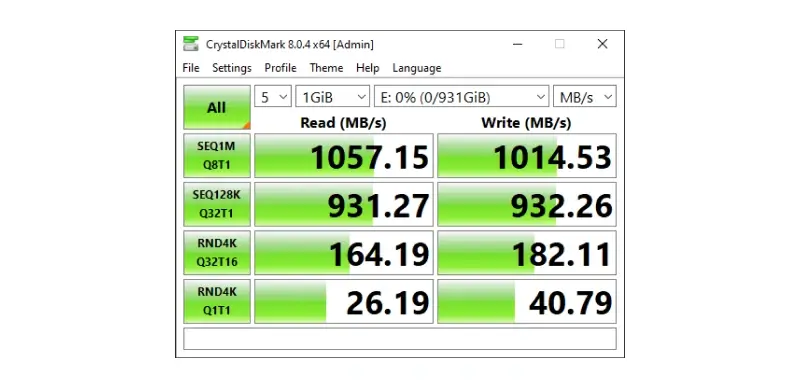 A screenshot showing the Samsung T9’s performance on CrystalDiskMark benchmark using a 10 Gbps port.