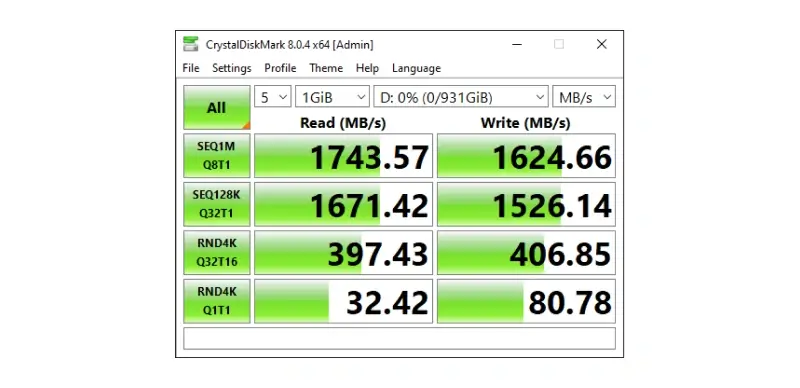 A screenshot showing the Samsung T9’s performance on the CrystalDiskMark benchmark.