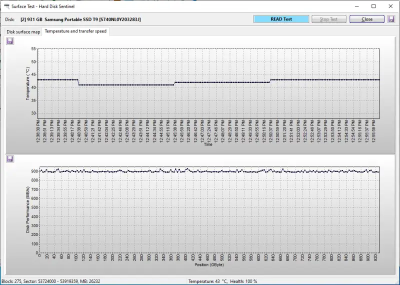 A screenshot showing the read speed of the Samsung T9 on a 1 TB sample of data using a 10 Gbps port.