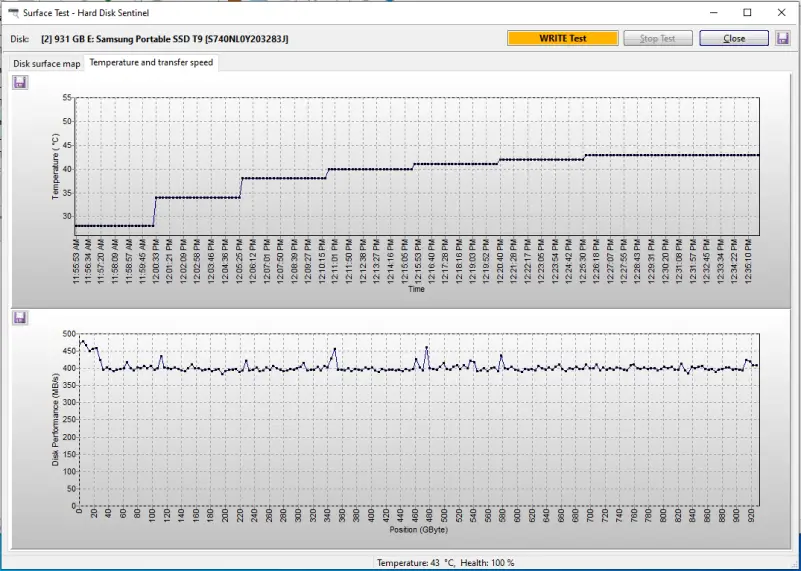 A screenshot showing the write speed of the Samsung T9 on a 1 TB sample of data using a 10 Gbps port.