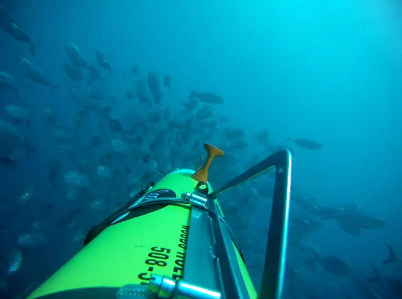 A high-definition camera attached to the aft of an underwater vehicle belonging to Woods Hole Oceanographic Institution.