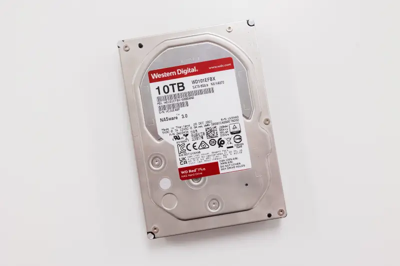 An image of a WD Red Plus hard drive for media servers.