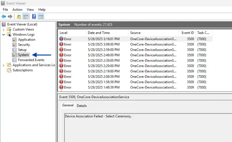 Expand Windows Logs and click on System