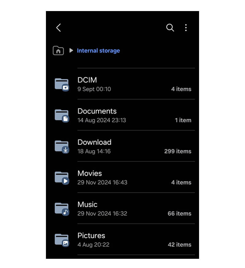 A screenshot of the internal storage on an Android phone.