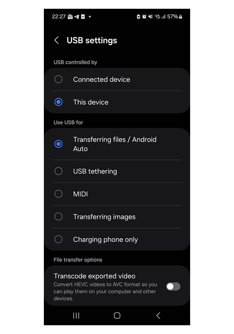 A screenshot of USB settings after connecting an Android device to a PC.