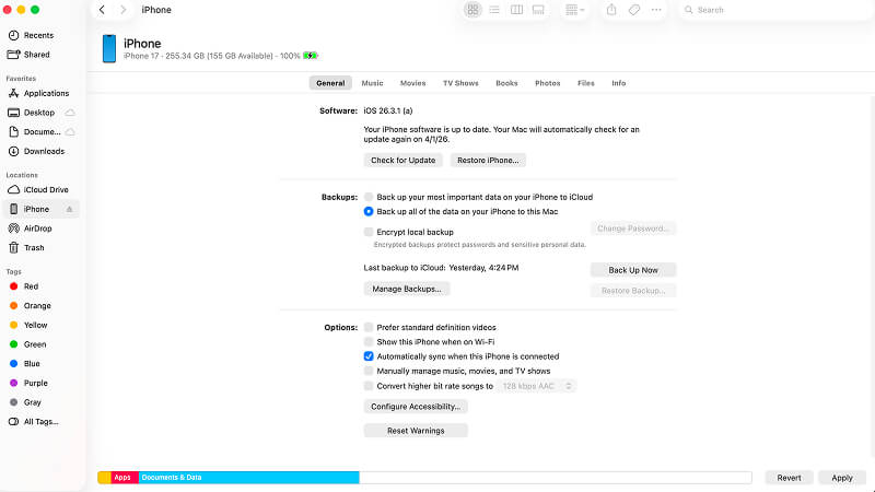 A screenshot of iPhone settings in Finder on Mac.