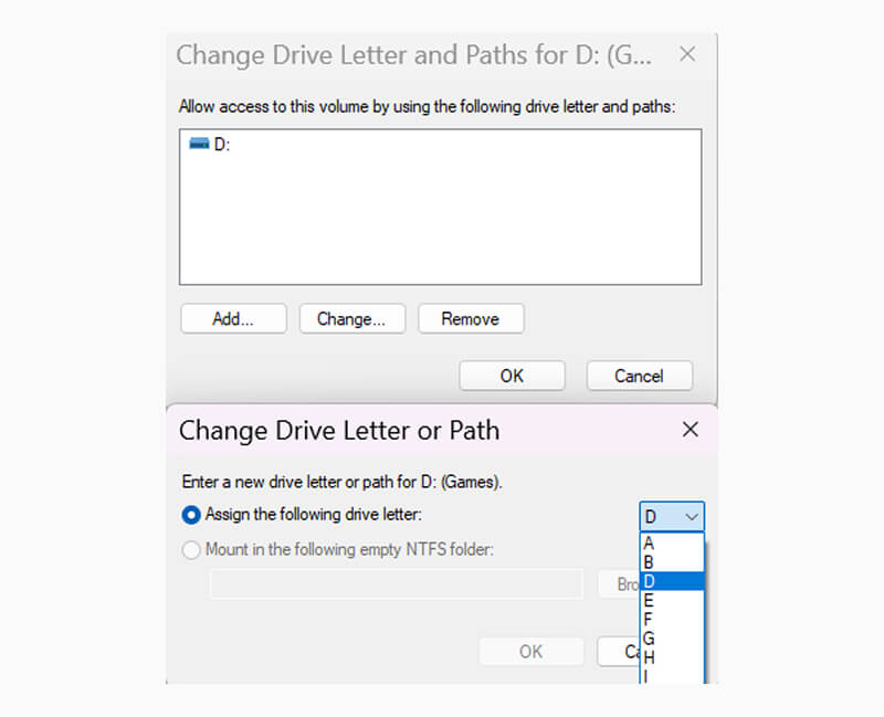A screenshot showing how to change drive letters in Disk Management.