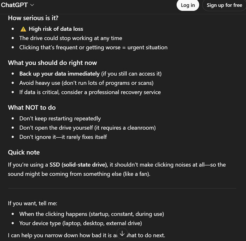 A screenshot of ChatGPT providing the best steps to recover data from a clicking hard drive.