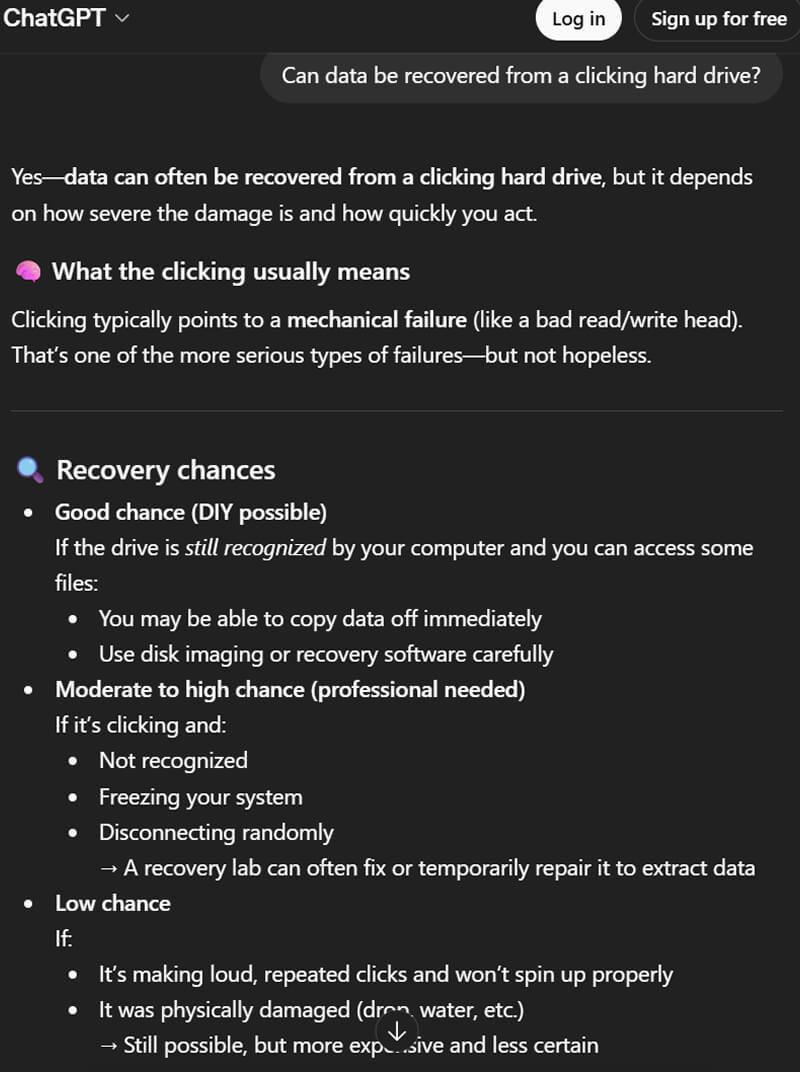 A screenshot of ChatGPT analyzing the data recovery chances for hard drive clicking.
