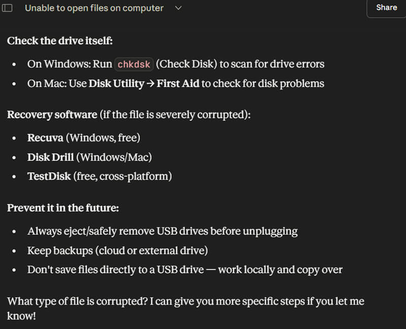 A screenshot of Claude suggesting CHKDSK and First Aid as solutions for file corruption.