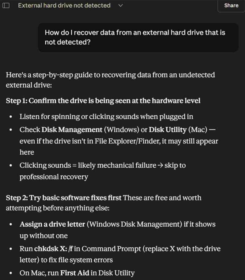 A screenshot of Claude recommending CHKDSK and First Aid for an undetected drive.