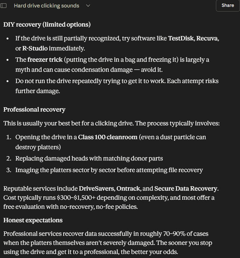 A screenshot of Claude comparing data recovery services and software for hard drive clicking.