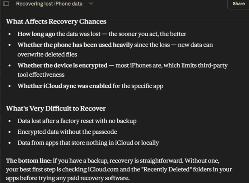 A screenshot of Claude analyzing various iPhone data recovery scenarios.