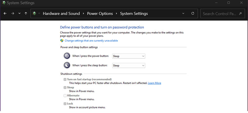 A screenshot showing the option to disable Fast Startup in the Control Panel on Windows.