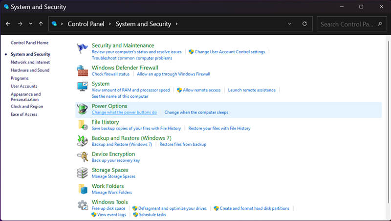 A screenshot showing the section for Power Options in the Control Panel on Windows.