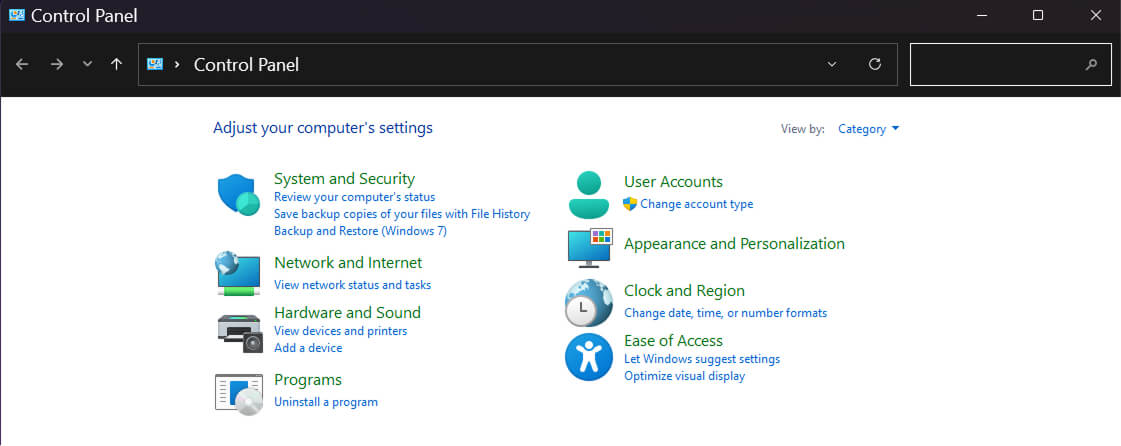 A screenshot showing the Control Panel on Windows.